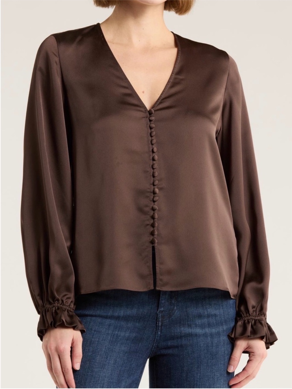 FRAME Chocolate Satin V-Neck Button-Front Blouse